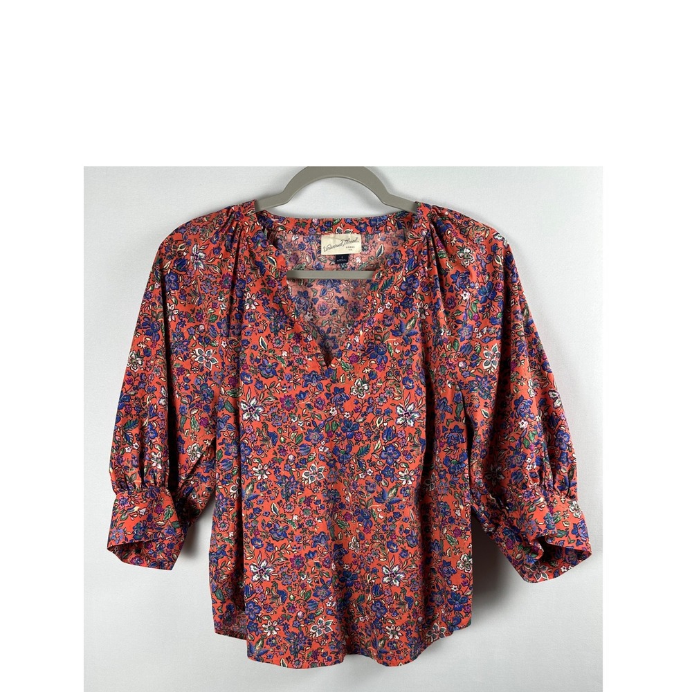 Universal Thread Blouse Women S Orange Floral V-Neck 3/4 Sleeve Boho Cottagecore